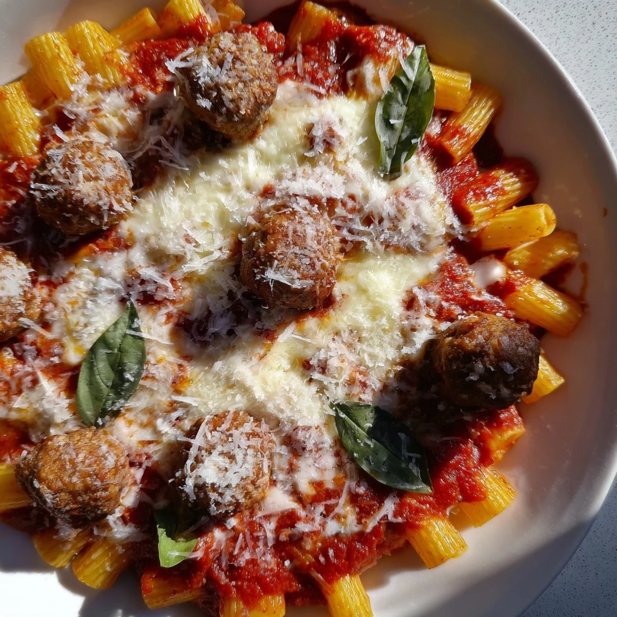 Golden cheesy Italian meatball pasta bake bubbling with tomato sauce and melted mozzarella