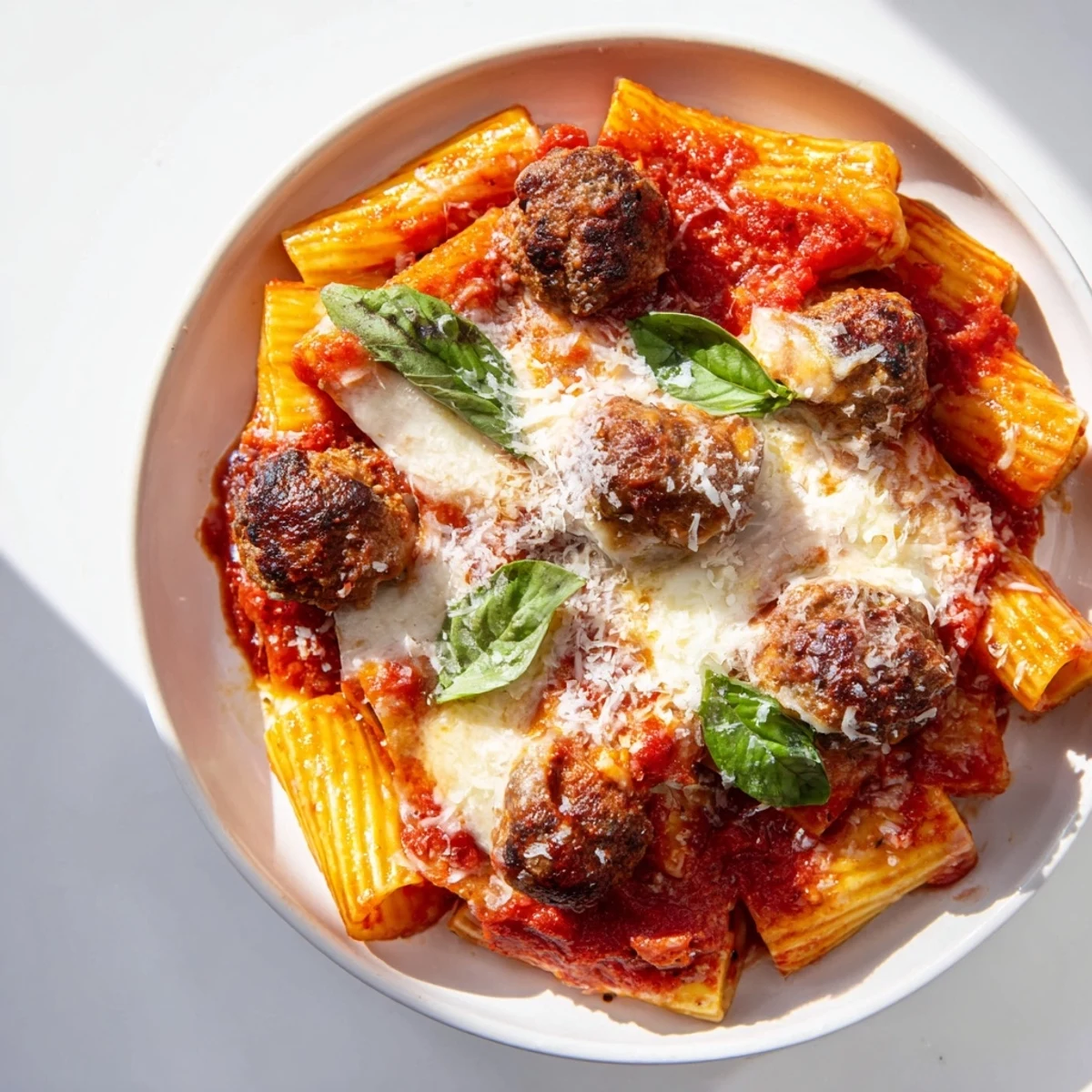 Family-style Italian meatball pasta bake topped with browned meatballs and gooey melted cheese layer