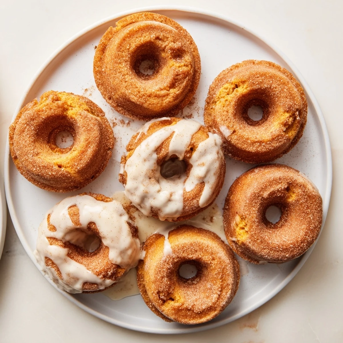 Warm pumpkin spiced donuts made from biscuit dough topped with sweet glaze and cinnamon