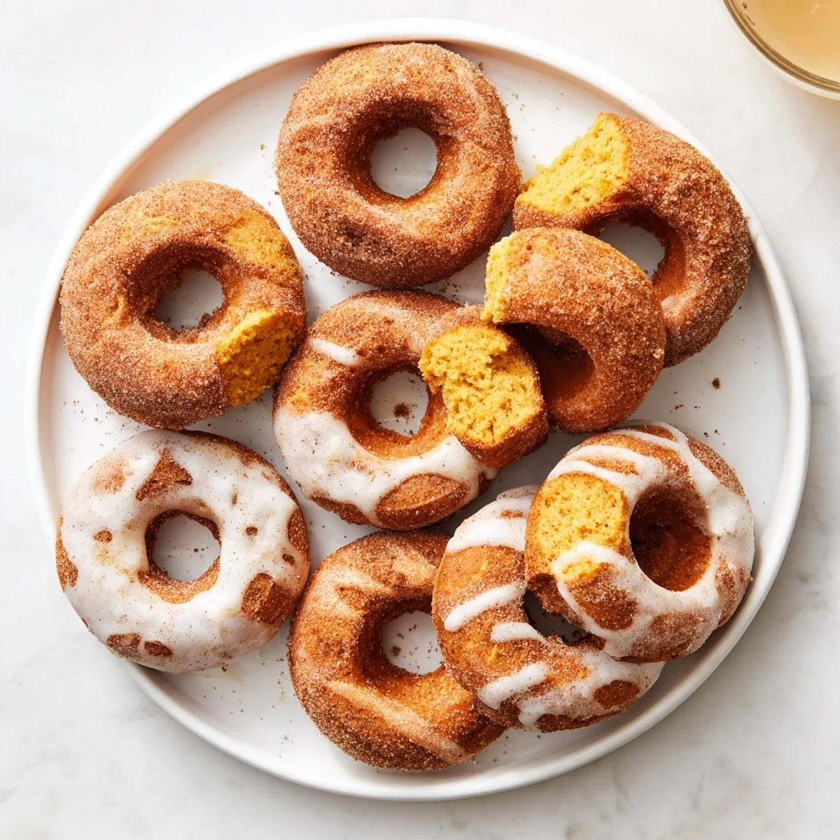 Fluffy pumpkin filled biscuit donuts dusted with cinnamon sugar on a white serving plate