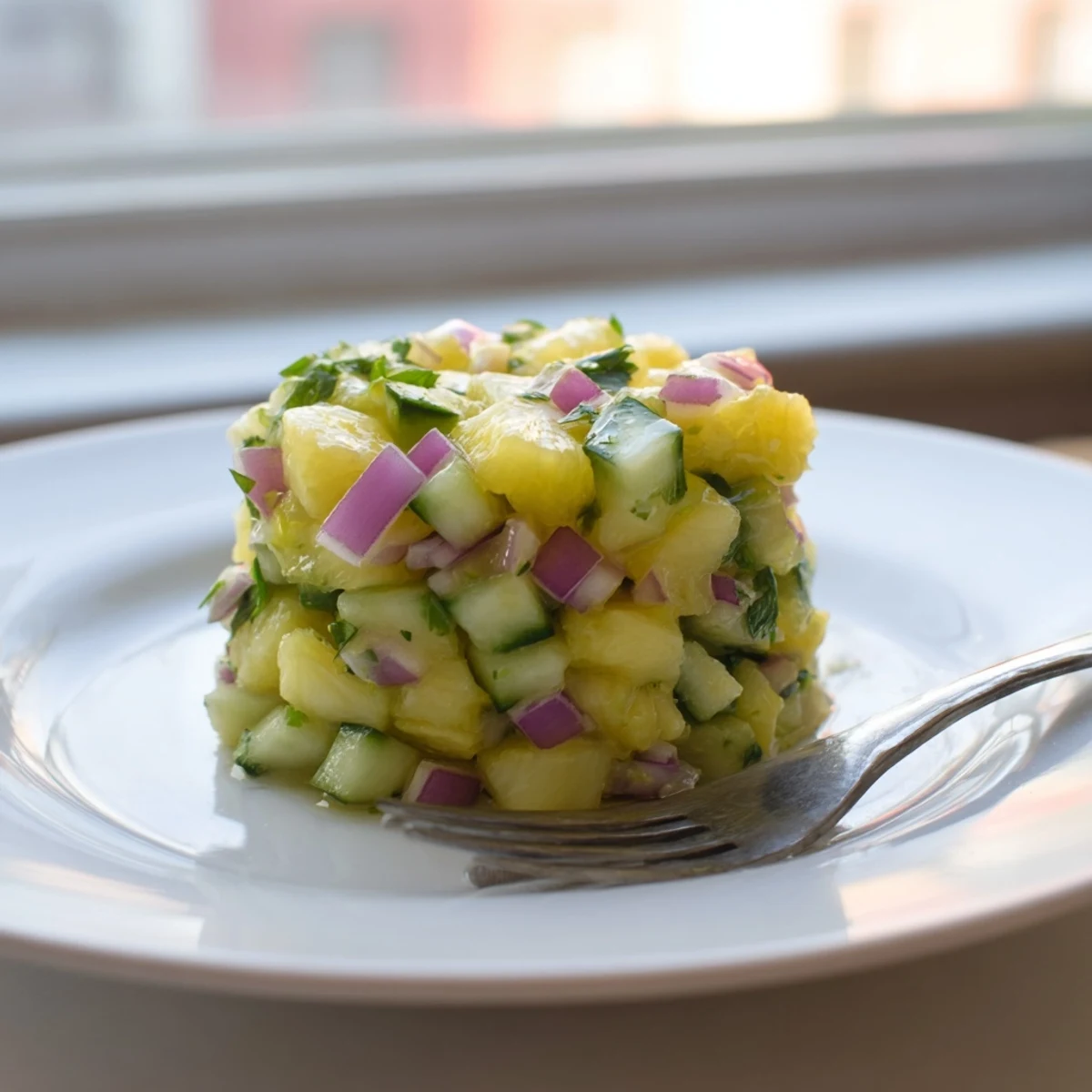 Fresh pineapple cucumber salad with crisp vegetables and zesty lime dressing in a white bowl