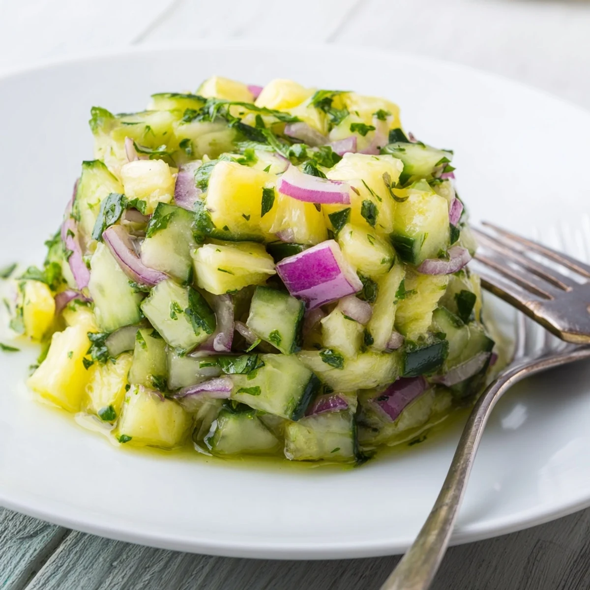Vibrant tropical pineapple cucumber salad featuring diced fruit and red onion tossed with cilantro