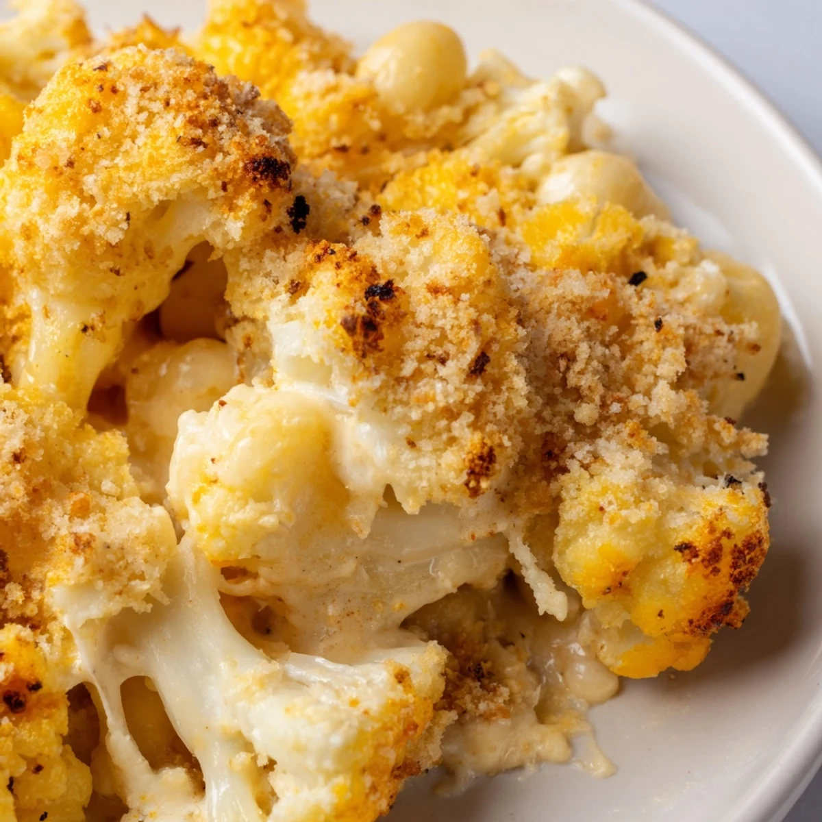 Creamy cauliflower mac n cheese casserole with melted three-cheese blend and tender pasta florets