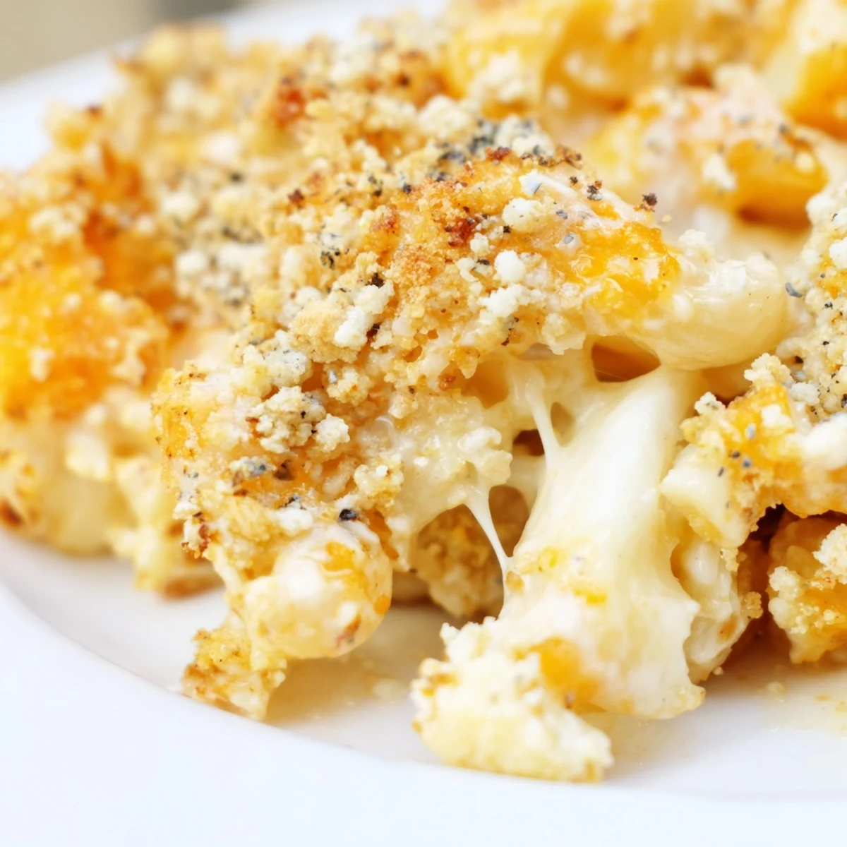 Golden baked cauliflower mac n cheese with bubbly cheddar sauce and breadcrumb topping