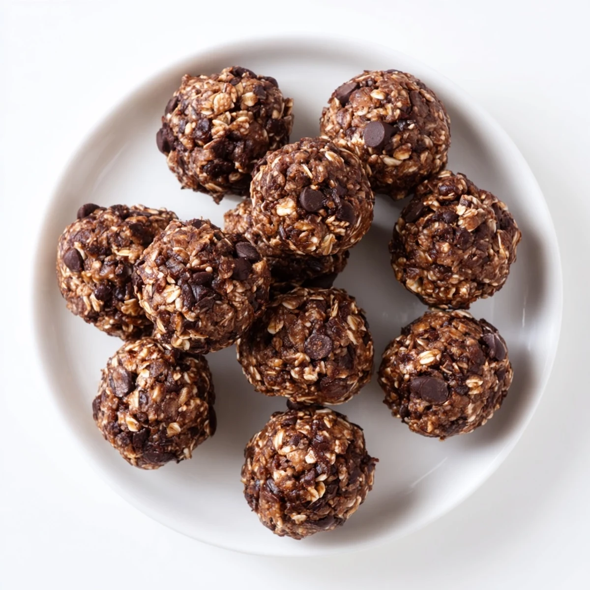 Chocolate peanut butter protein balls arranged on parchment paper, showcasing their fudgy oat and chocolate chip texture