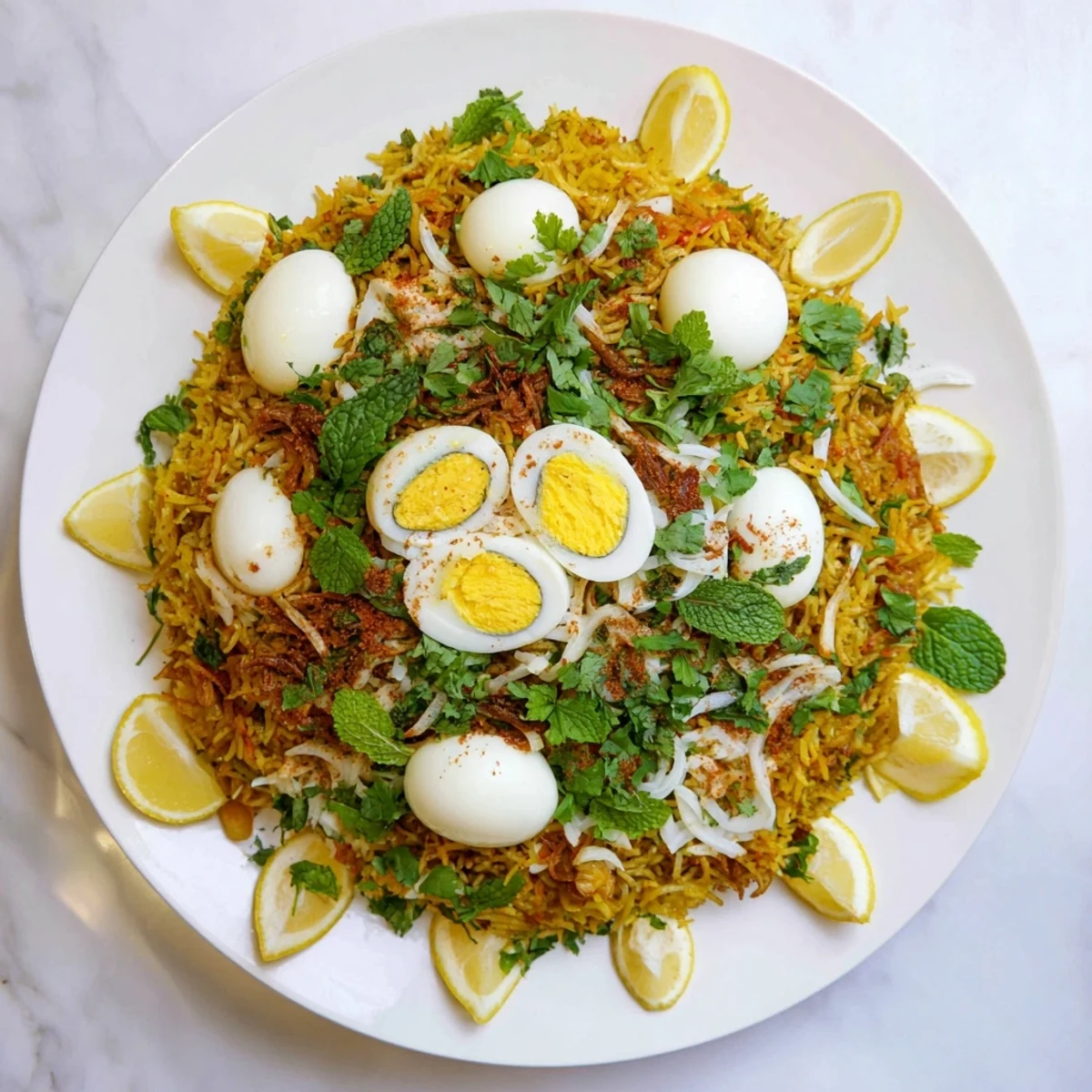 Colorful layered tomato and ginger biryani with fluffy rice and perfectly cooked eggs on a white plate
