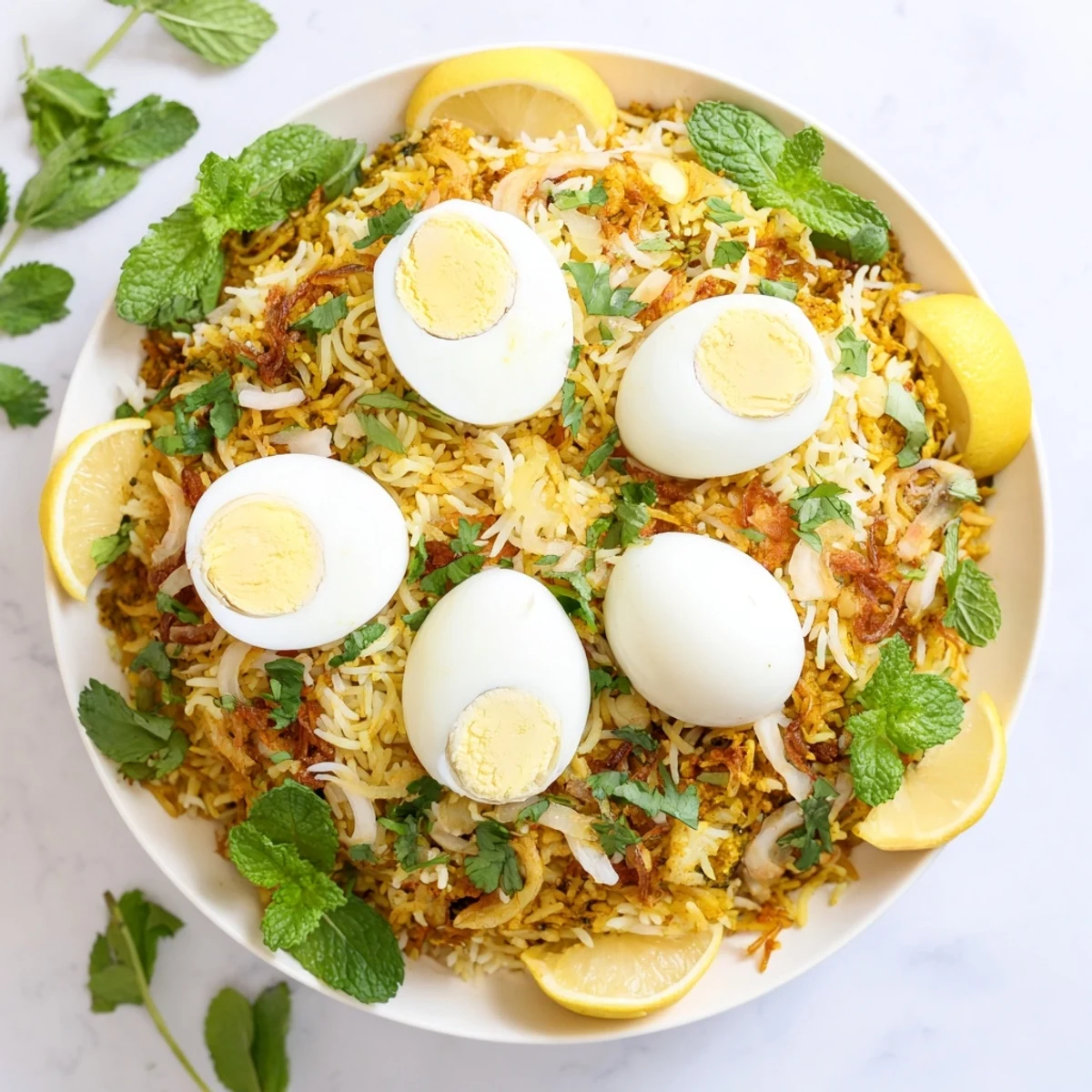 Steaming tomato and ginger biryani garnished with fresh cilantro and quartered eggs on a rustic wooden surface