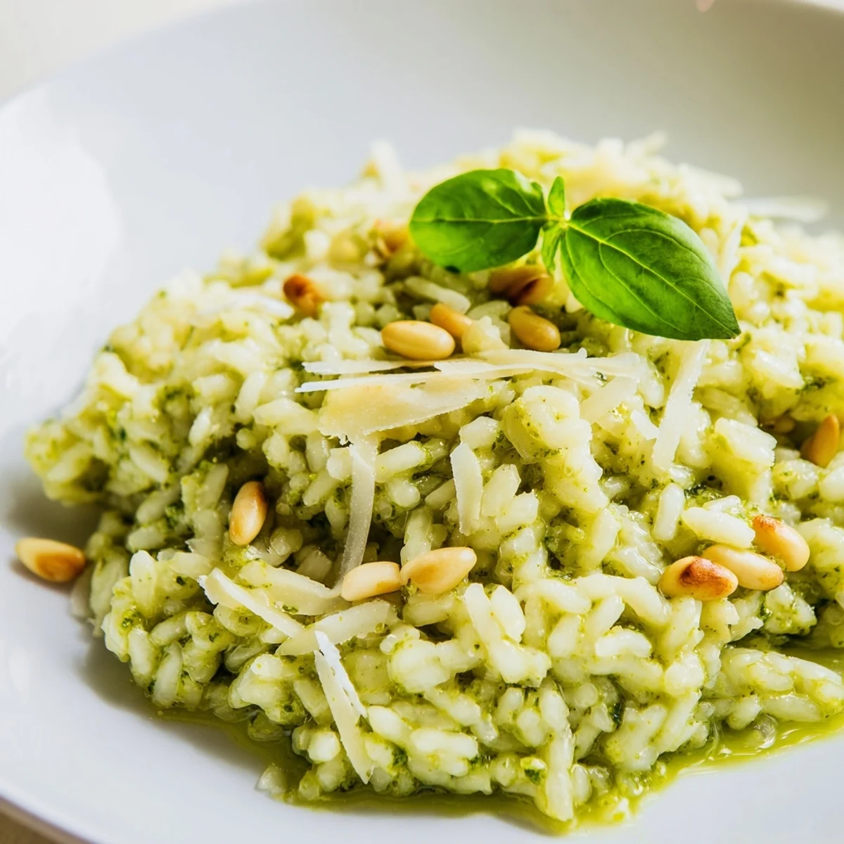 Creamy Parmesan pesto risotto plated in a white bowl with fresh basil garnish