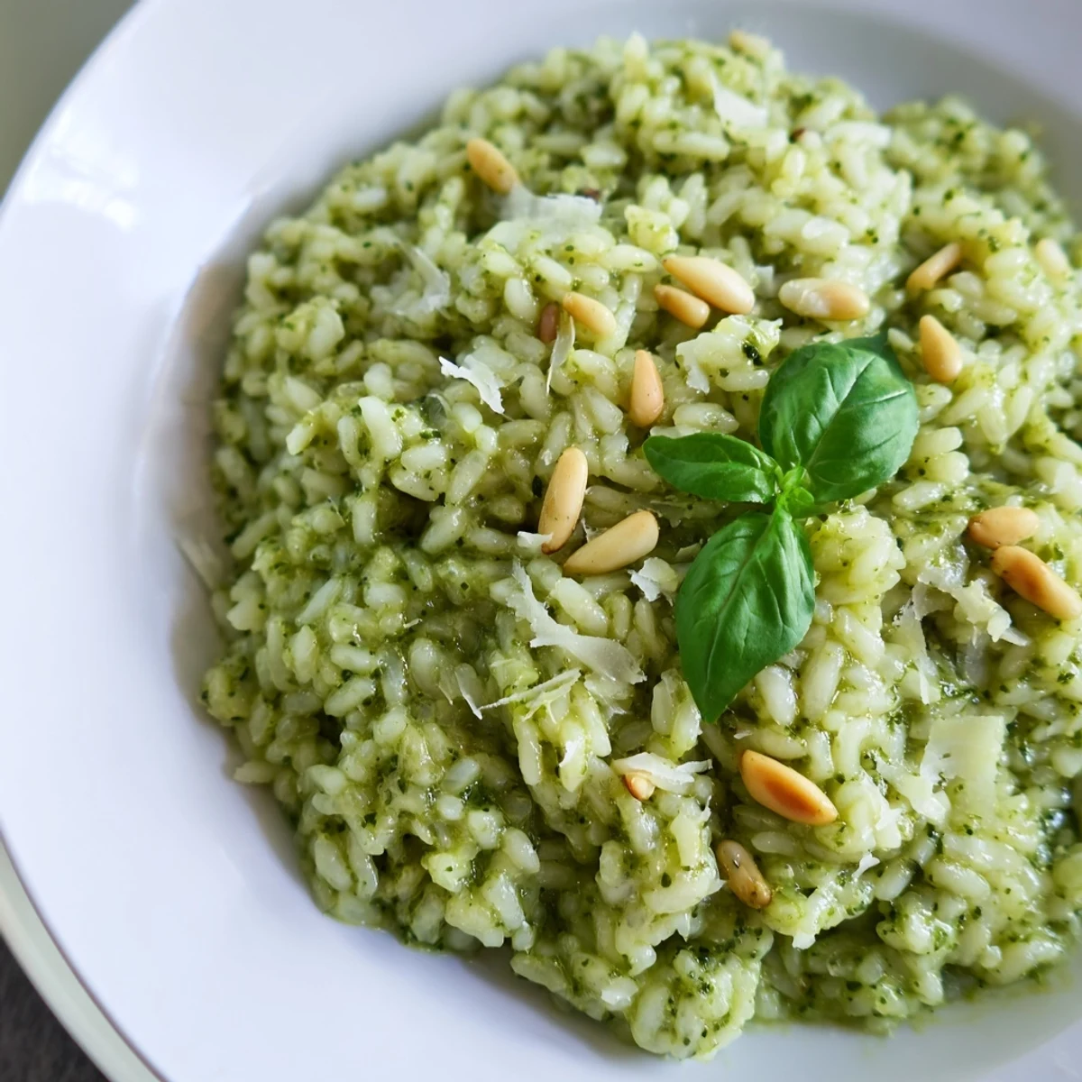 Spoonful of rich Italian Parmesan pesto risotto topped with grated cheese and pine nuts