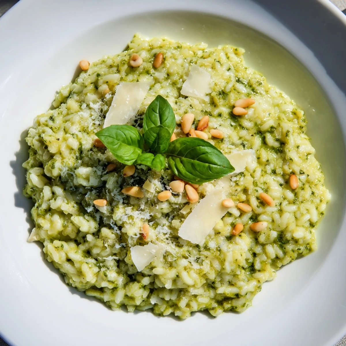 Golden Parmesan pesto risotto steaming in a rustic bowl with green basil swirls