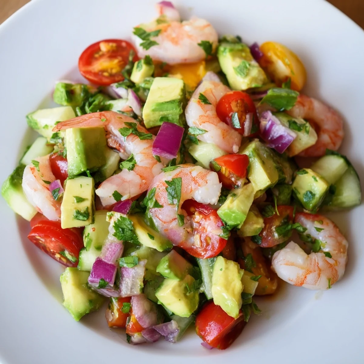 Fresh healthy shrimp avocado salad bowl featuring colorful vegetables and zesty lime dressing