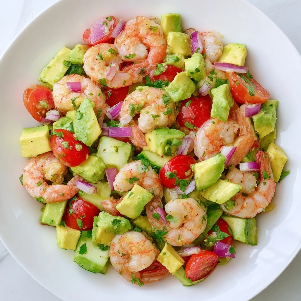 Colorful bowl of healthy shrimp avocado salad tossed with crisp vegetables and lime dressing