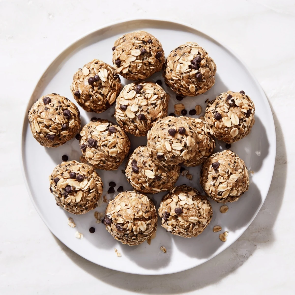 Chewy no bake peanut butter energy bites on a parchment lined tray