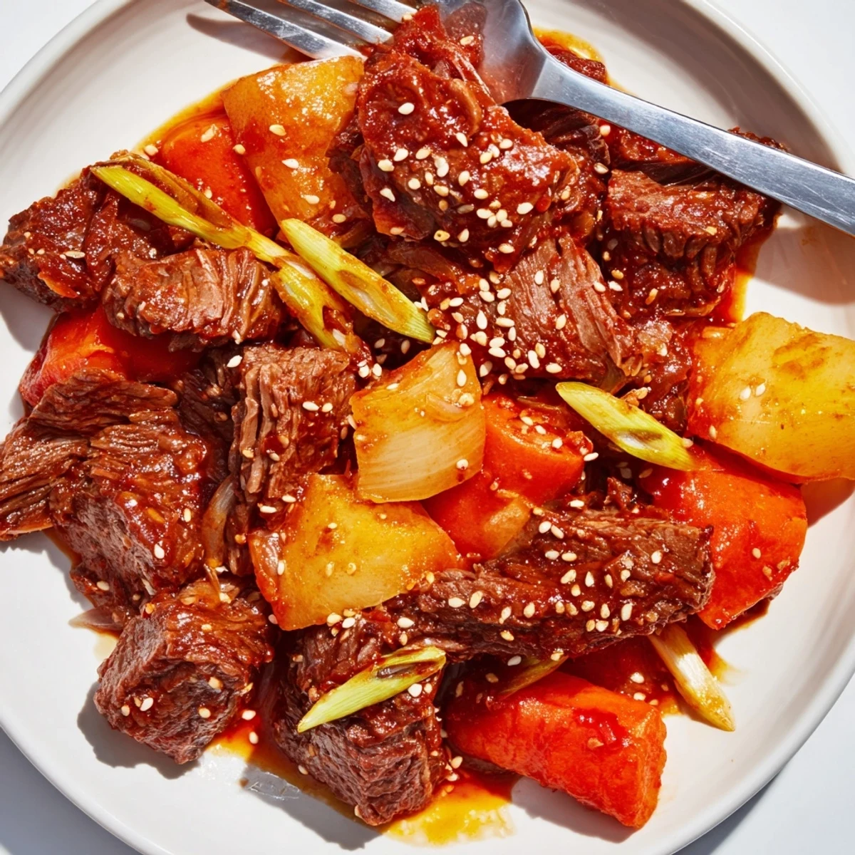 Golden Korean style pot roast with tender shredded beef and caramelized vegetables in savory glaze