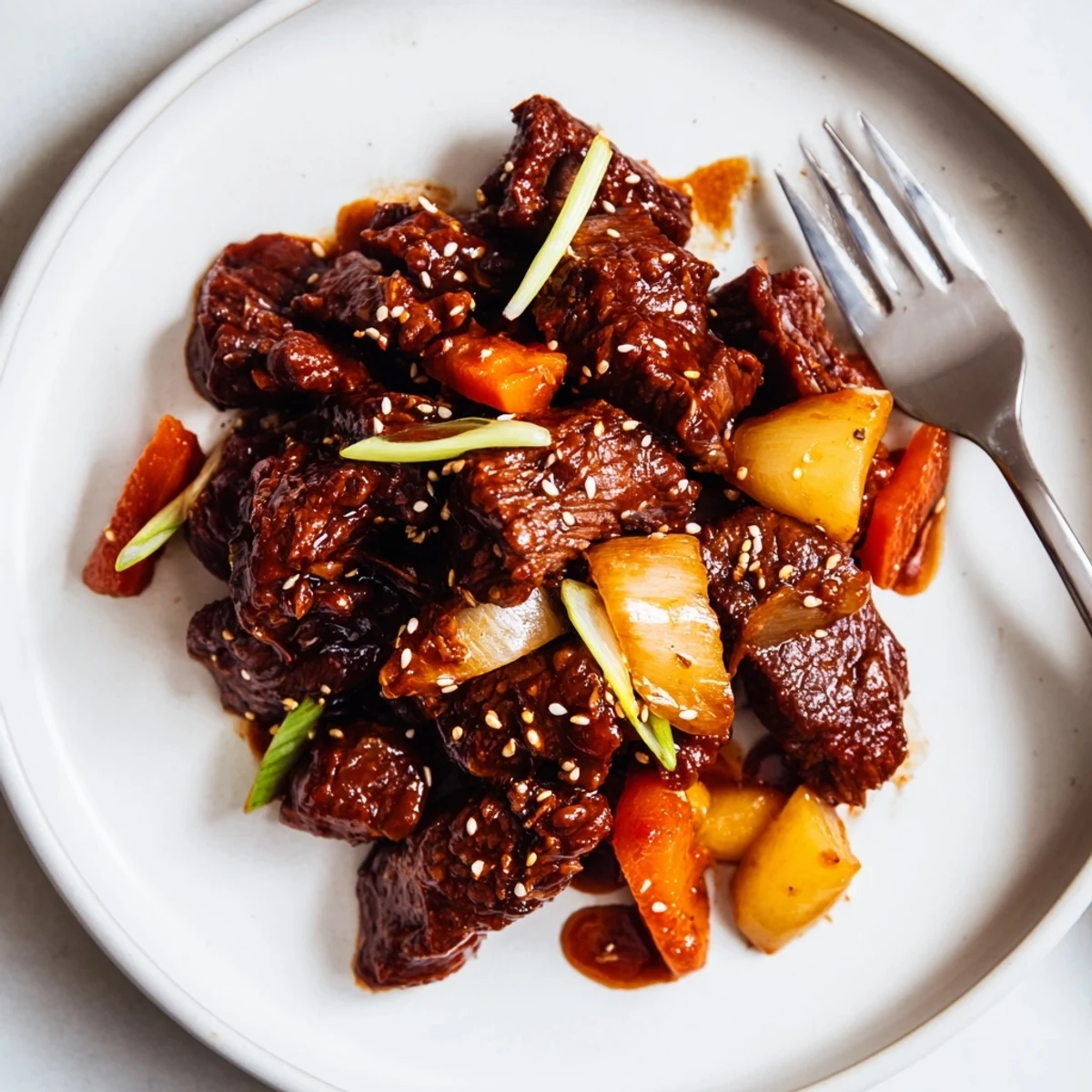 Platter of sliced Korean style pot roast drizzled with sesame soy sauce over tender vegetables