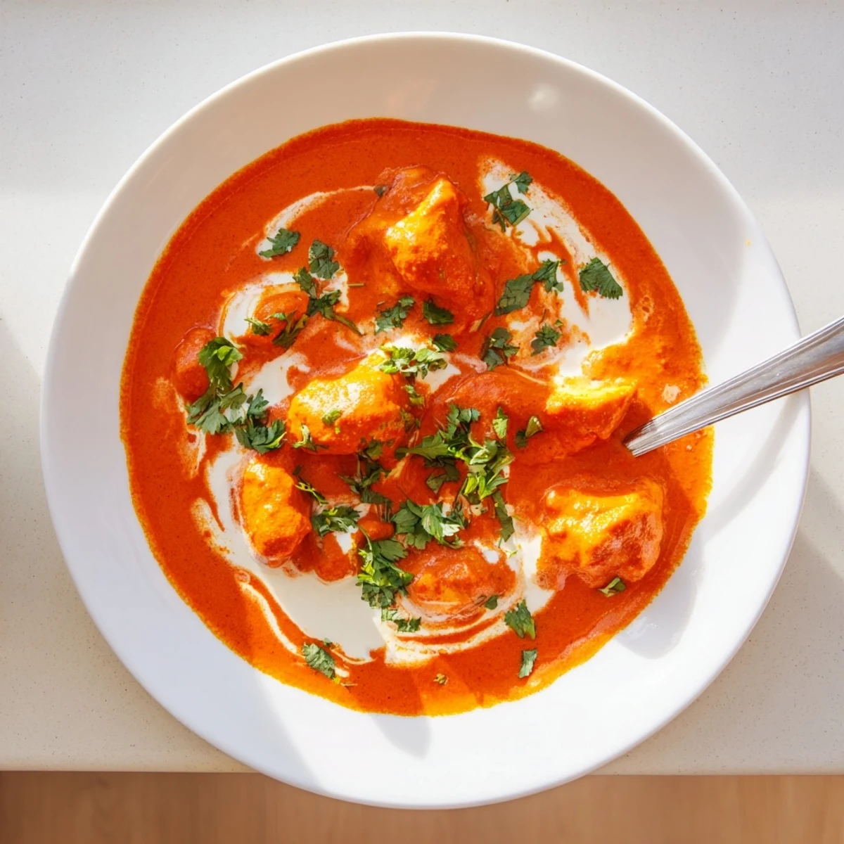 Creamy butter chicken pieces swimming in rich orange tomato sauce with fresh cilantro garnish on white plate
