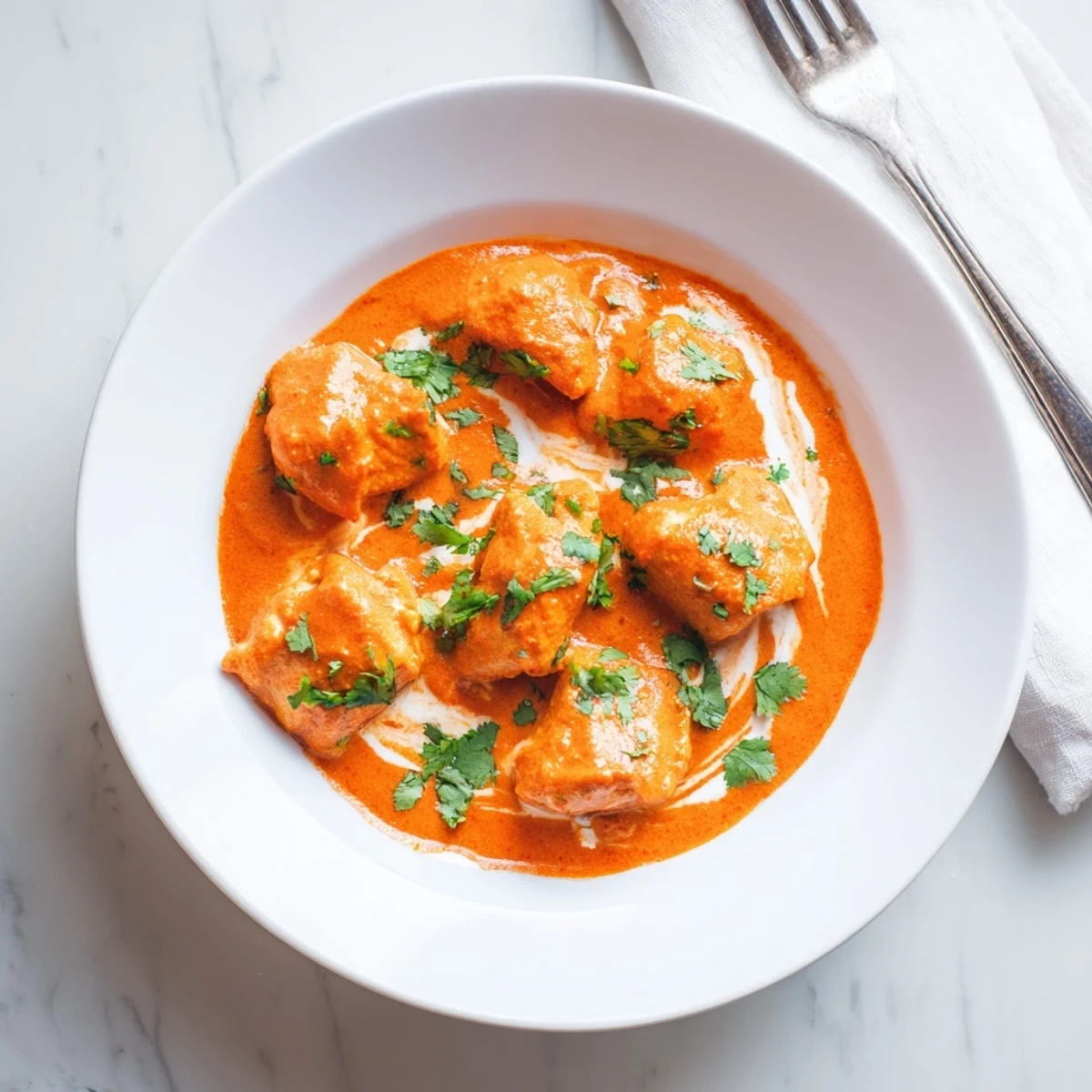 Tender butter chicken simmered in aromatic spiced curry sauce served over fluffy steamed basmati rice