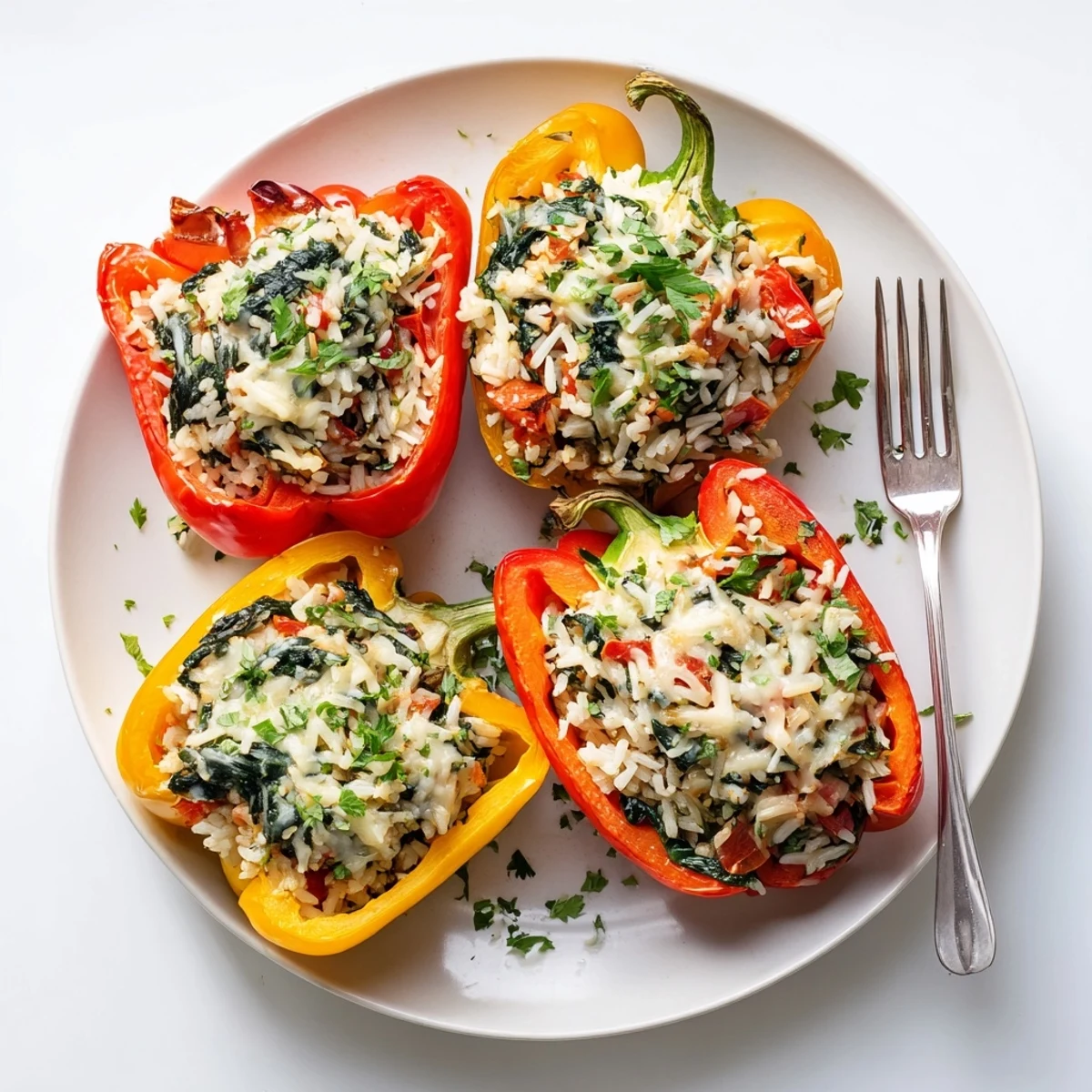 Golden brown vegetarian stuffed bell peppers topped with melted mozzarella and fresh parsley garnish