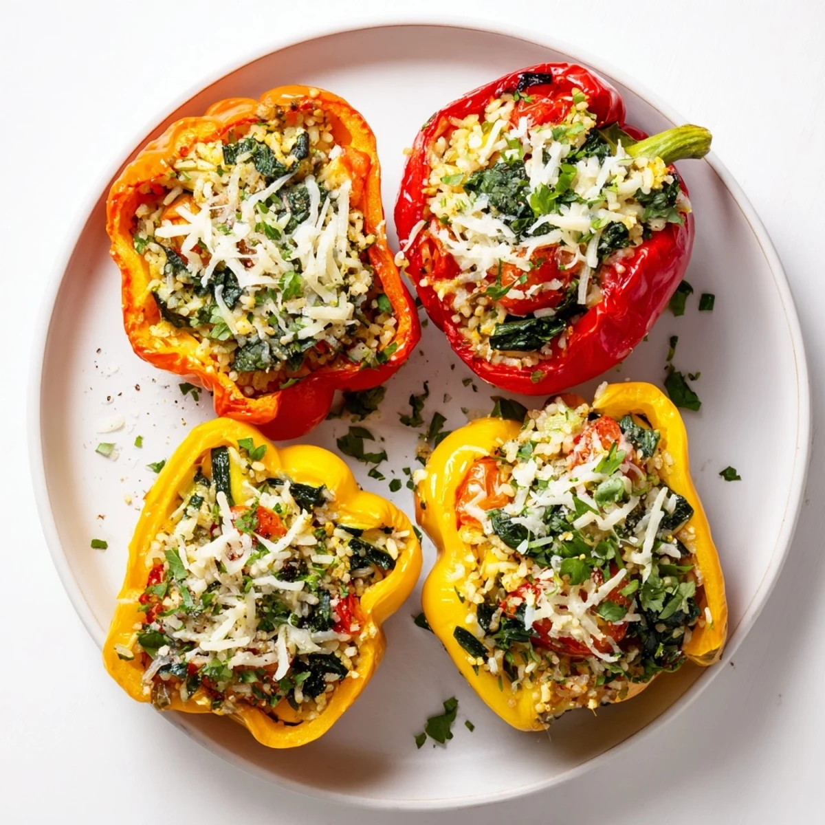 Colorful baked peppers overflowing with savory rice vegetable cheese filling on white serving dish