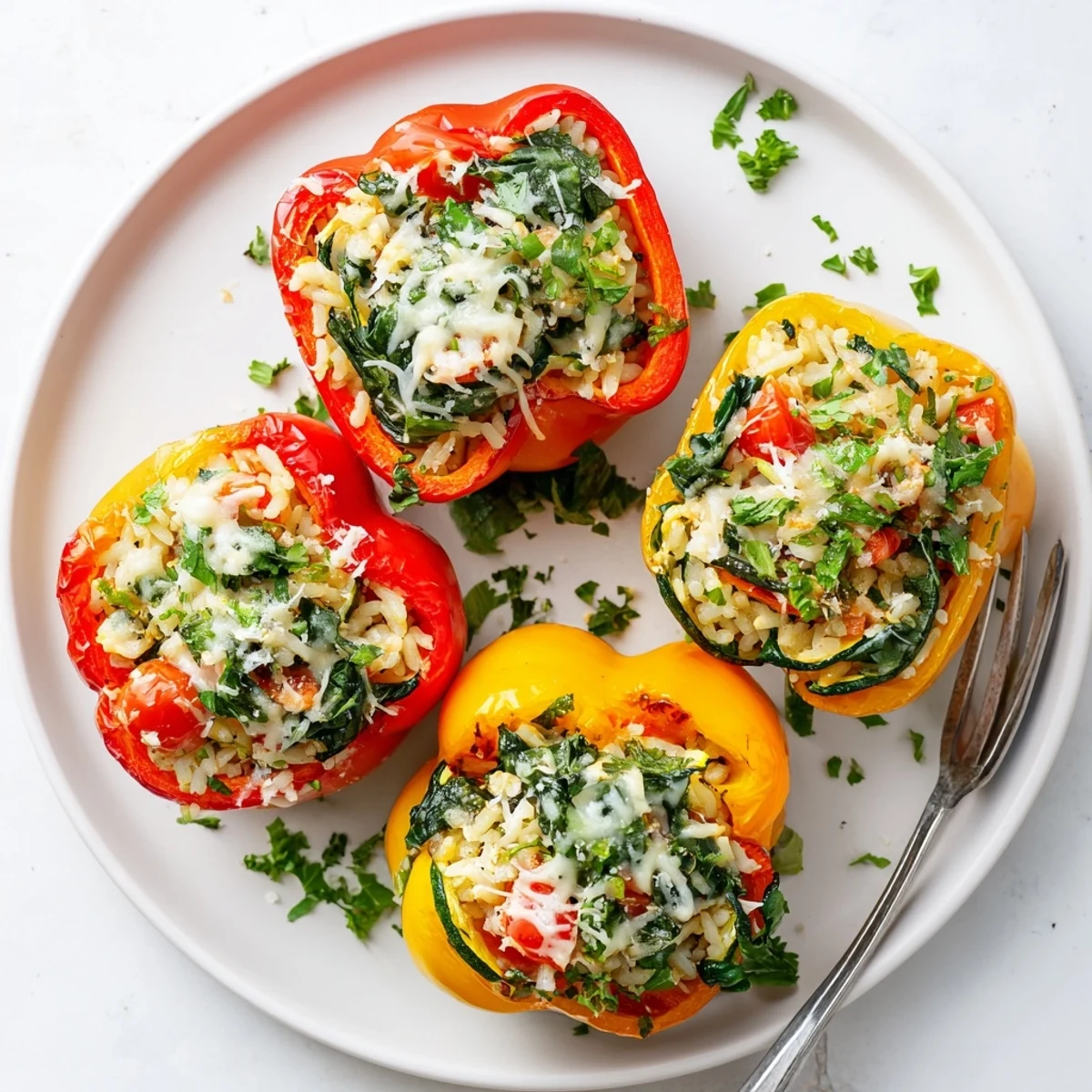 Tender Mediterranean style vegetarian stuffed bell peppers with bubbling cheese and chopped parsley topping
