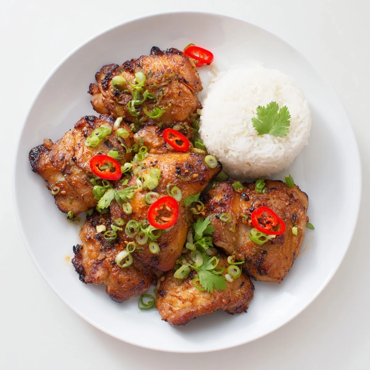 Golden pan-seared Vietnamese lemongrass chicken garnished with fresh cilantro and scallions
