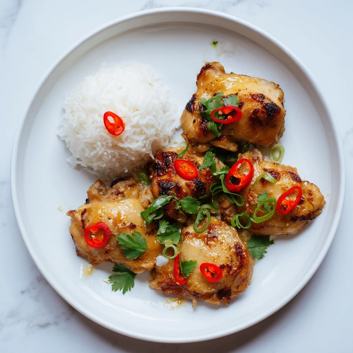Succulent marinated chicken thighs seared until crispy with aromatic lemongrass and garlic
