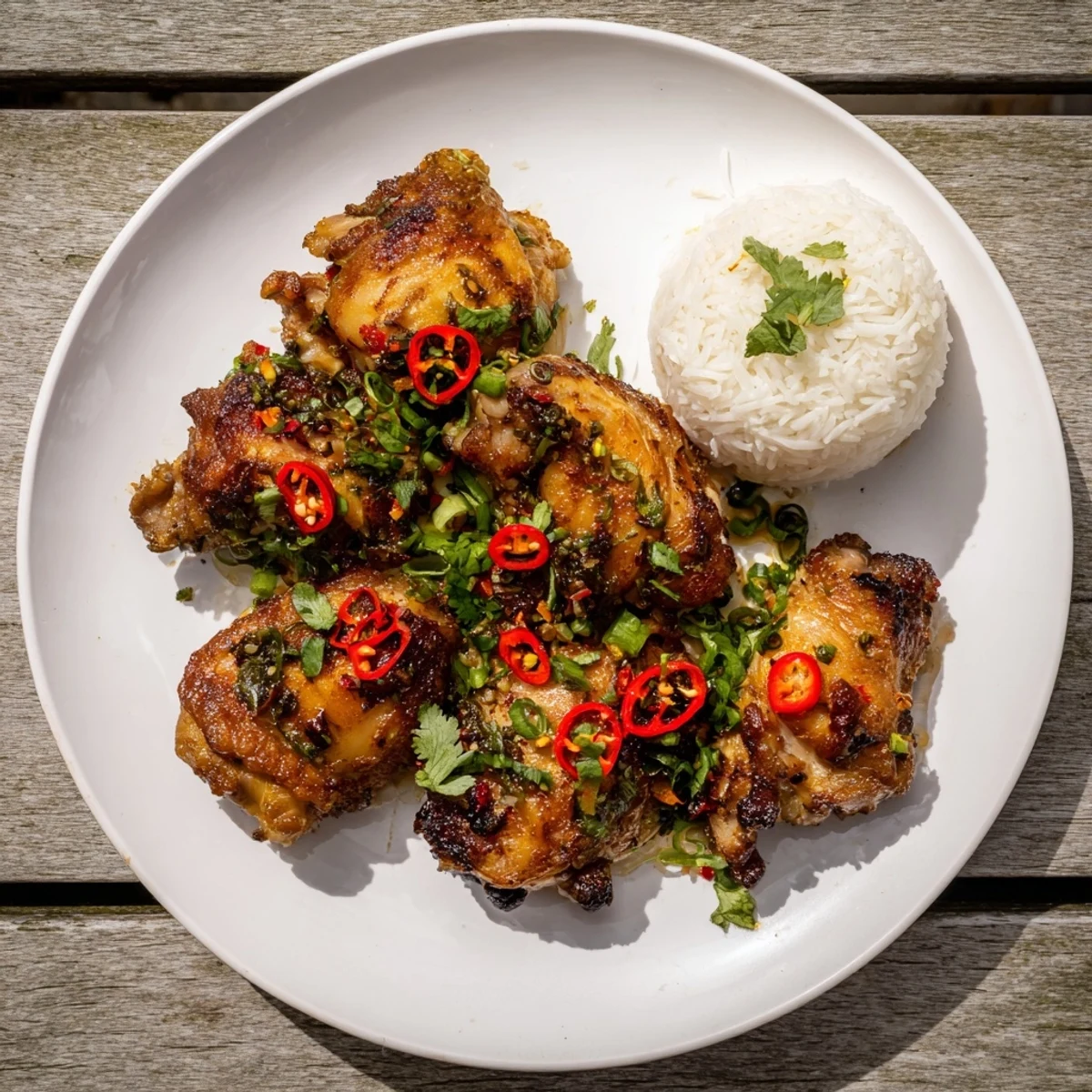 Savory Vietnamese lemongrass chicken served steaming over fluffy white jasmine rice