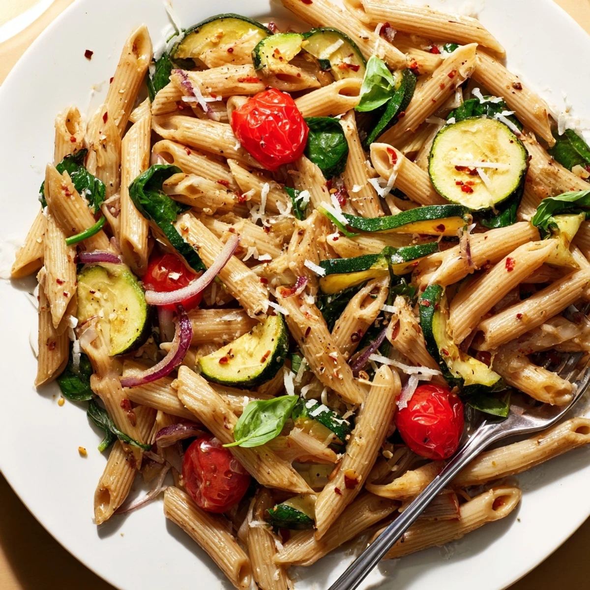 Golden whole wheat pasta tossed with tender zucchini slices and juicy cherry tomatoes in a light olive oil glaze