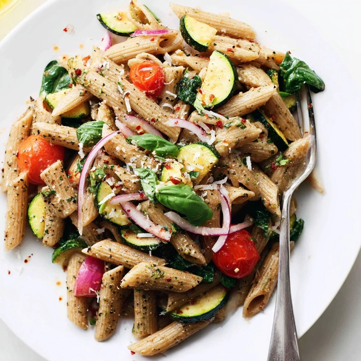 Close-up of al dente pasta coated with sautéed vegetables and aromatic Italian herbs for a wholesome dinner