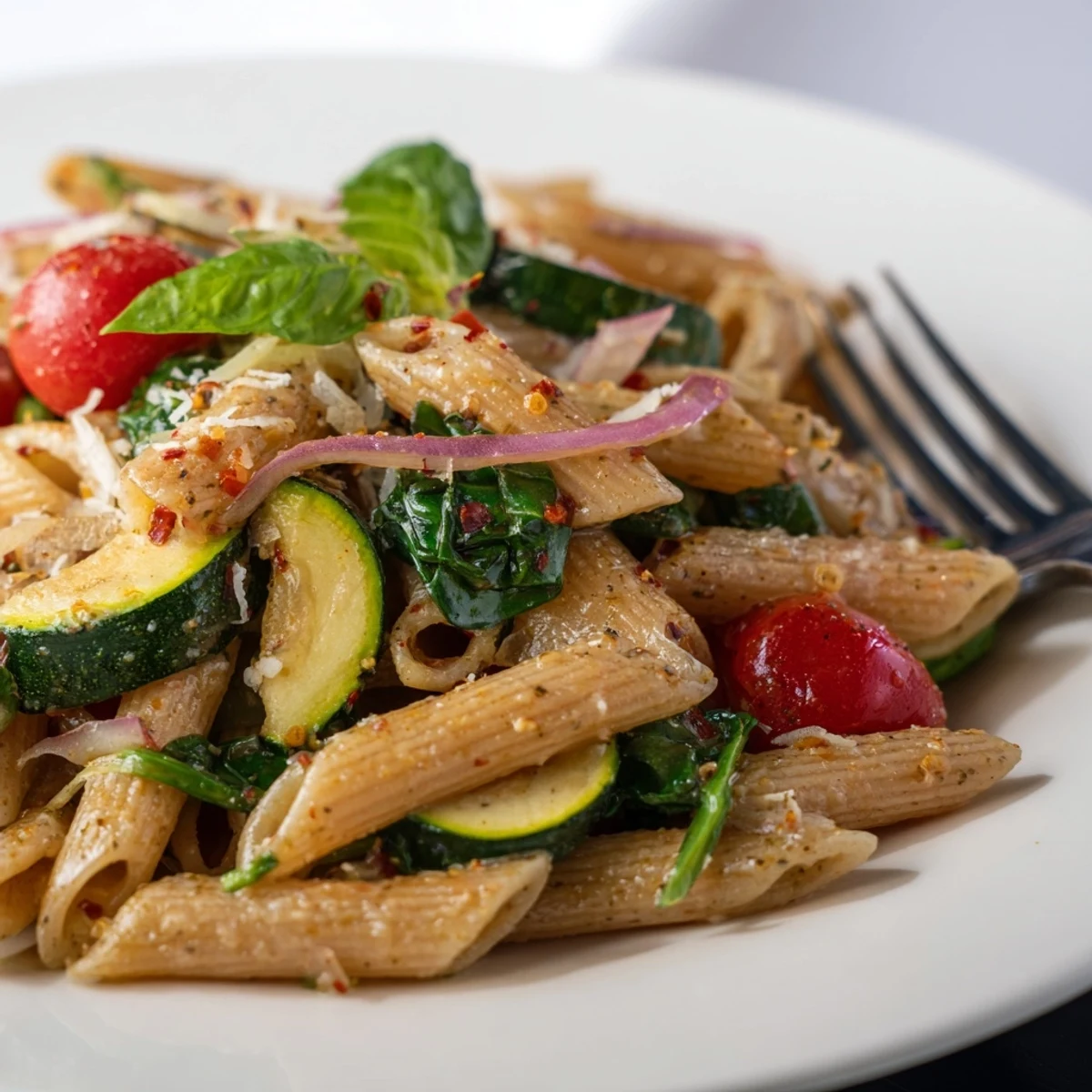 Vibrant bowl of healthy tomato zucchini pasta garnished with fresh basil leaves and grated Parmesan cheese