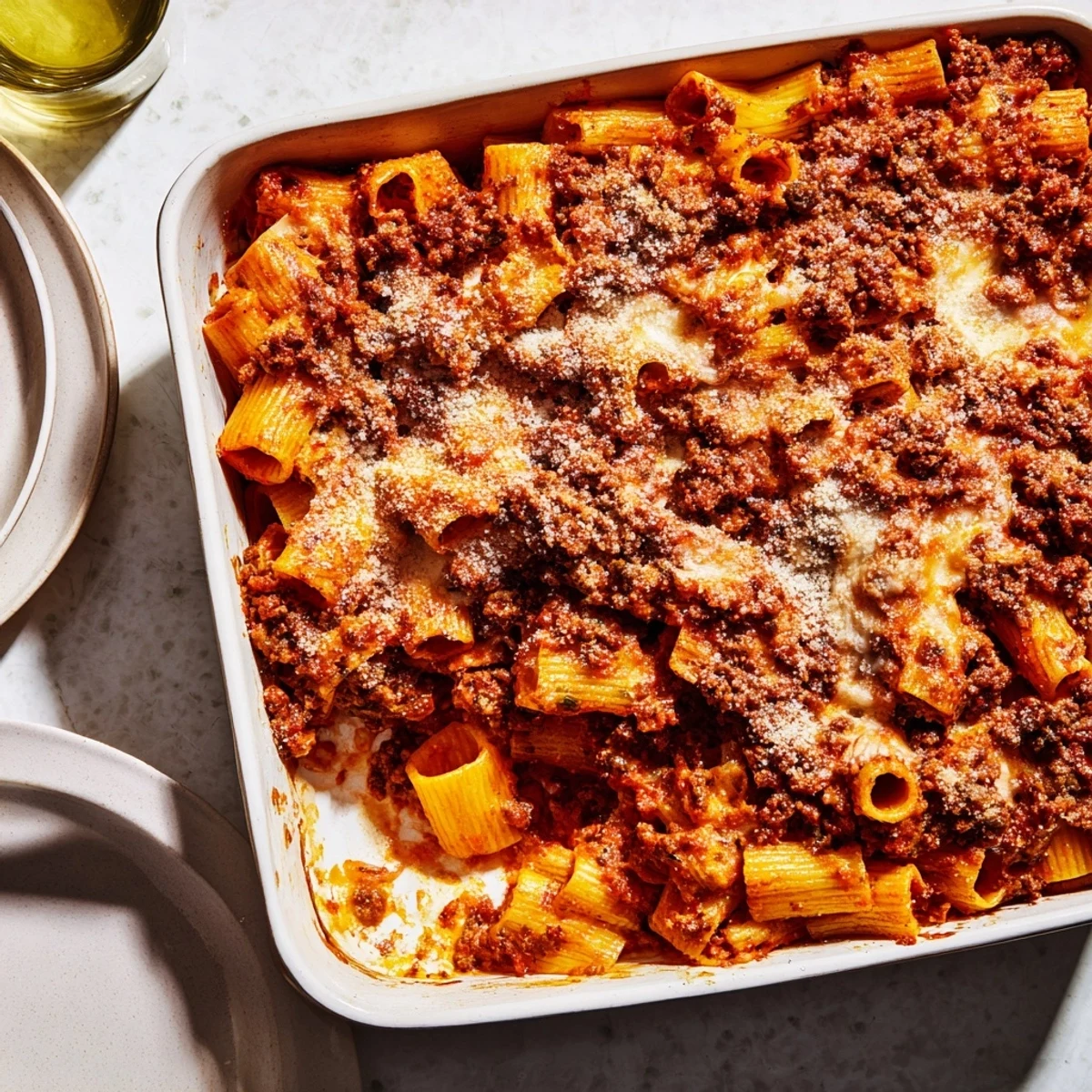Golden and bubbling Bolognese pasta bake fresh from the oven with melted cheese topping