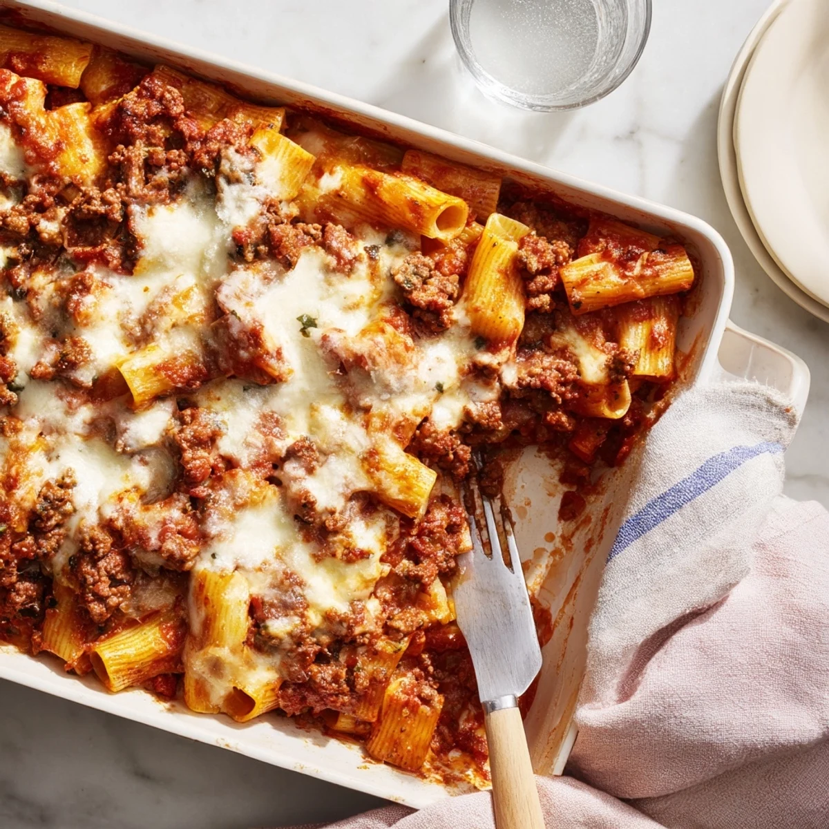 Hearty Bolognese pasta bake layered with rich meat sauce and gooey mozzarella in a baking dish
