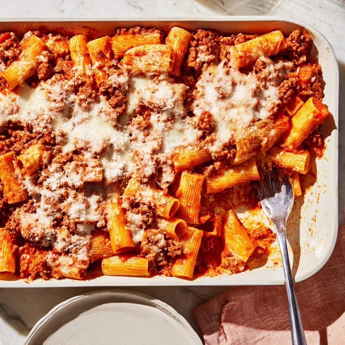 Comforting baked rigatoni tossed in thick Bolognese sauce and topped with golden Parmesan crust