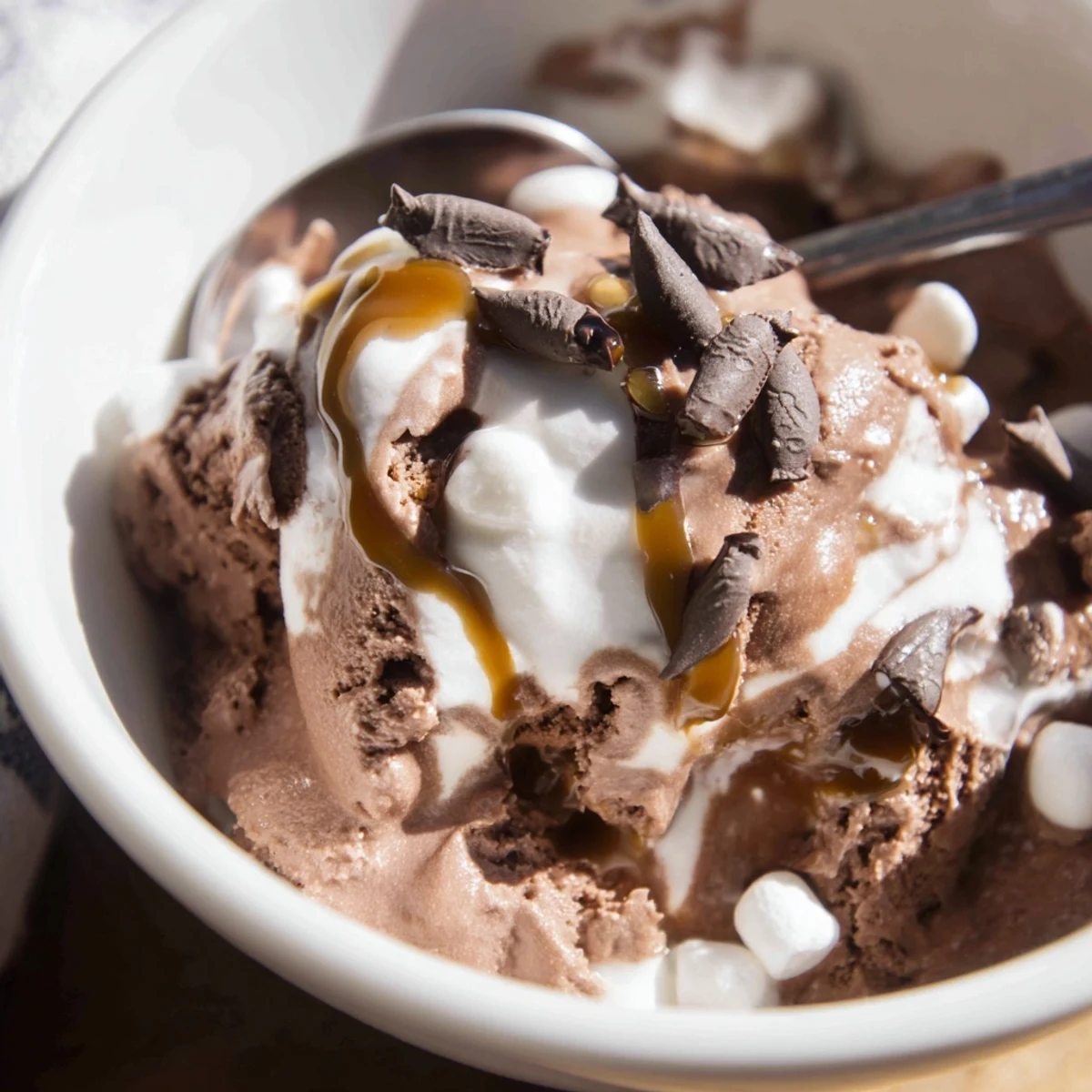Decadent chocolate Ninja Creami Phish Food ice cream topped with gooey marshmallow and caramel ribbons