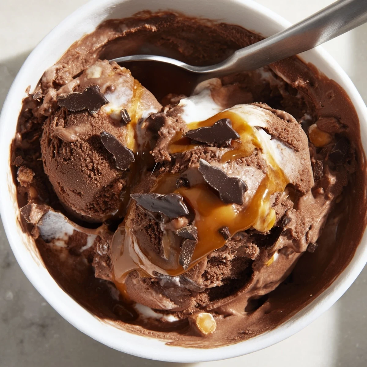 Homemade Ninja Creami Phish Food ice cream featuring chocolate fish marshmallow swirls and caramel drizzle