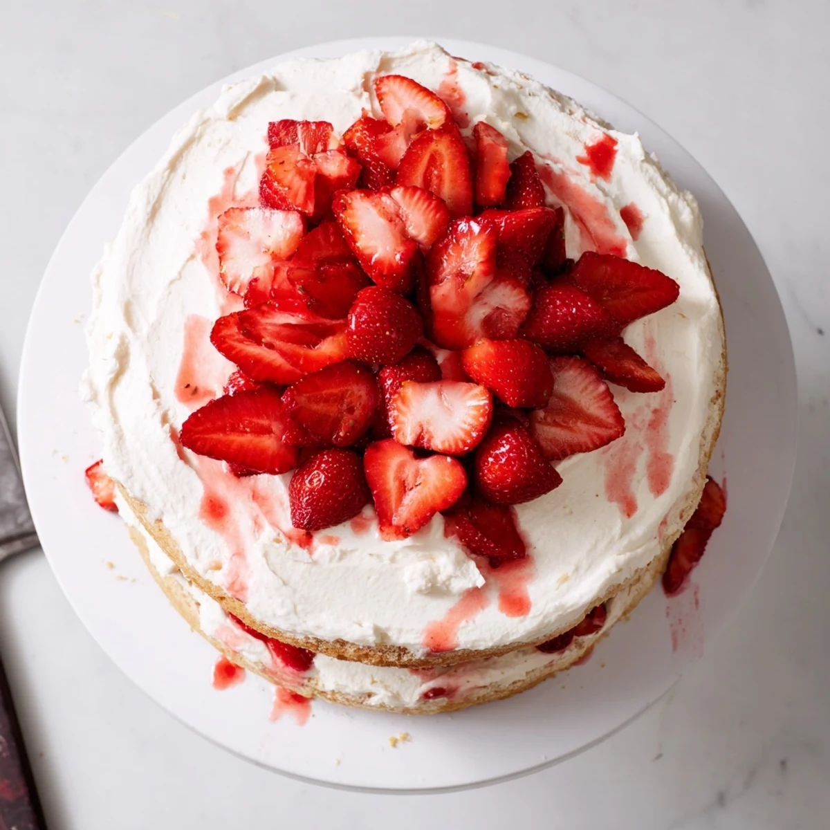 Homemade strawberry shortcake cake topped with mounds of vanilla whipped cream and fresh macerated strawberry slices