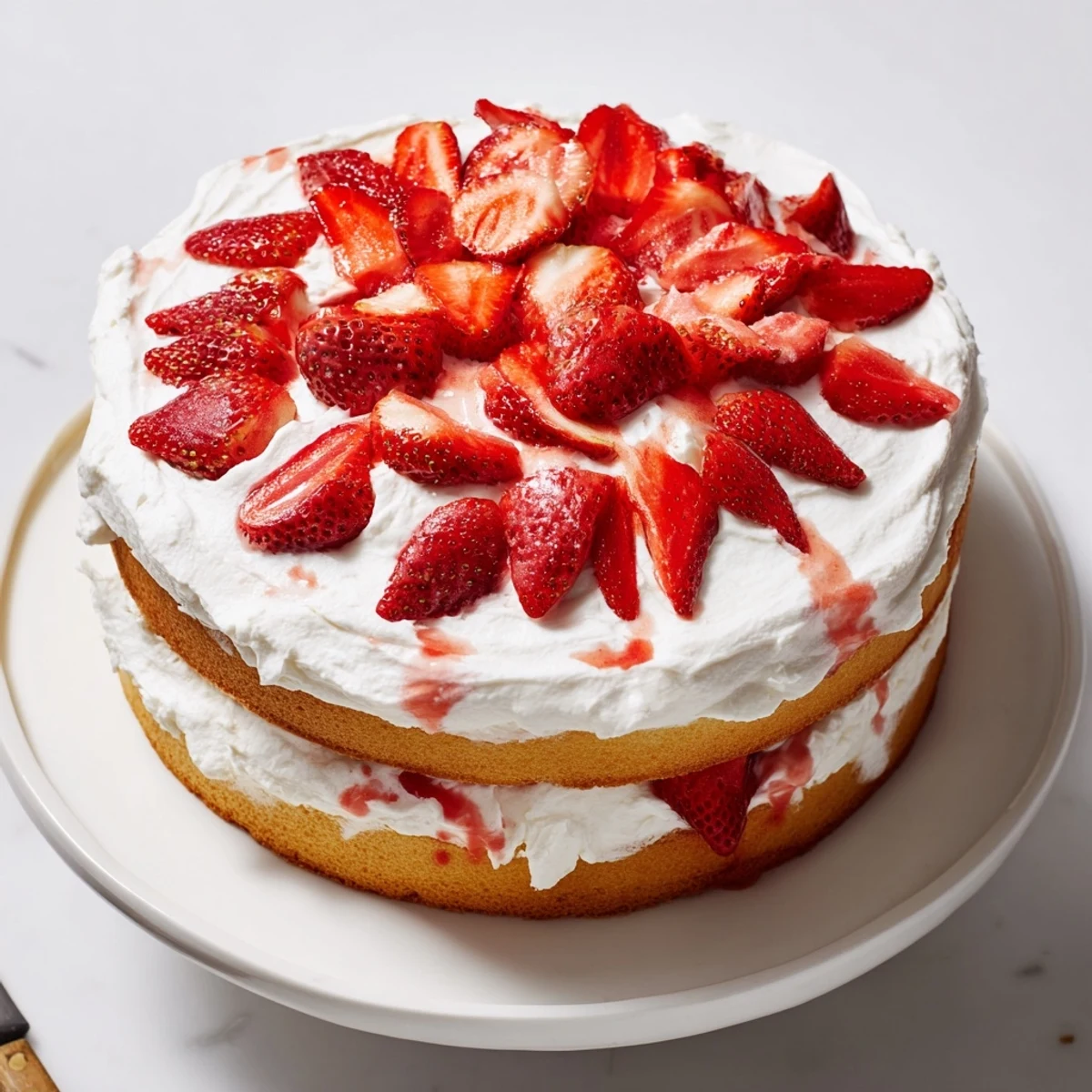 Slice of strawberry shortcake cake revealing fluffy vanilla layers with whipped cream and juicy red strawberries