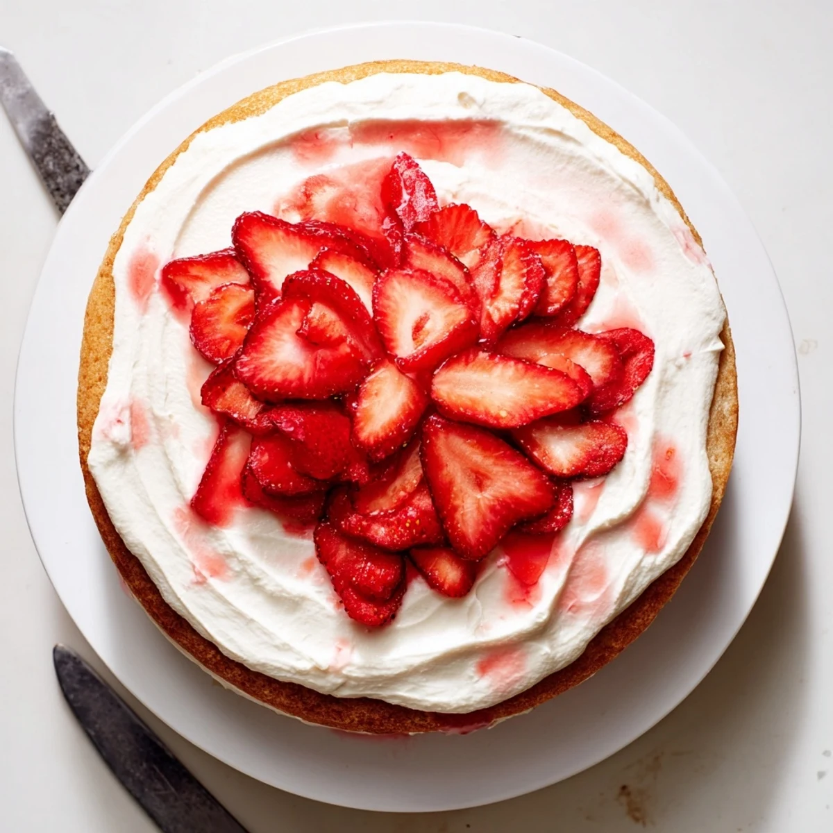 Summer strawberry shortcake cake stacked with tender vanilla sponge layers and sweet berry cream filling