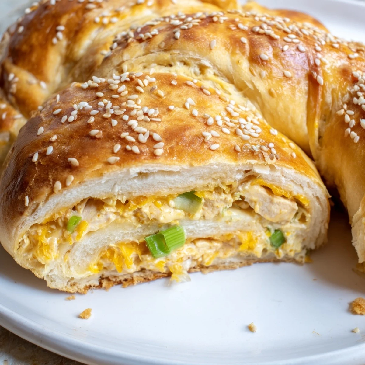 Freshly baked cheesy chicken pockets on a white plate ready for serving
