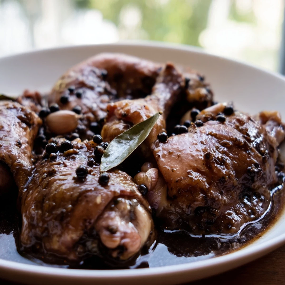 Golden brown Filipino chicken adobo simmered in rich soy vinegar garlic sauce with steamed white rice