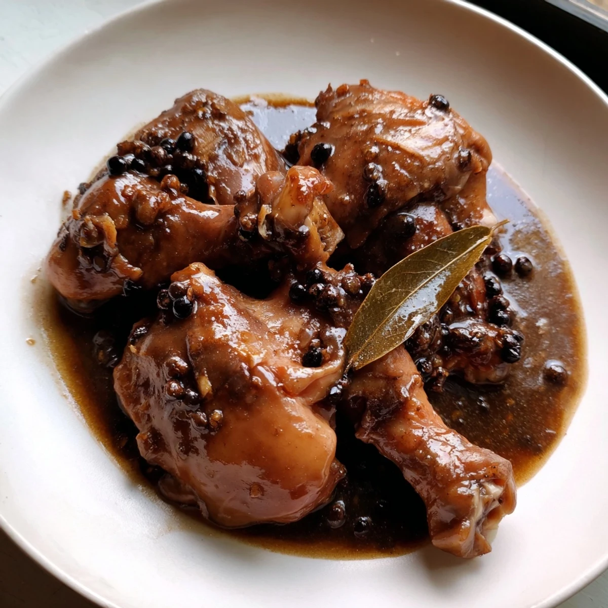 Tender chicken pieces braised in savory tangy Filipino adobo sauce garnished with fresh scallions