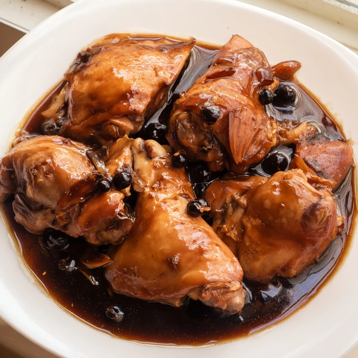 Succulent Filipino chicken adobo served over fluffy rice with thick caramelized soy and vinegar glaze