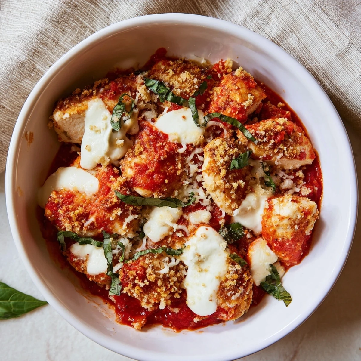 Golden brown chicken pieces nestled in marinara sauce topped with melted mozzarella and fluffy cottage cheese