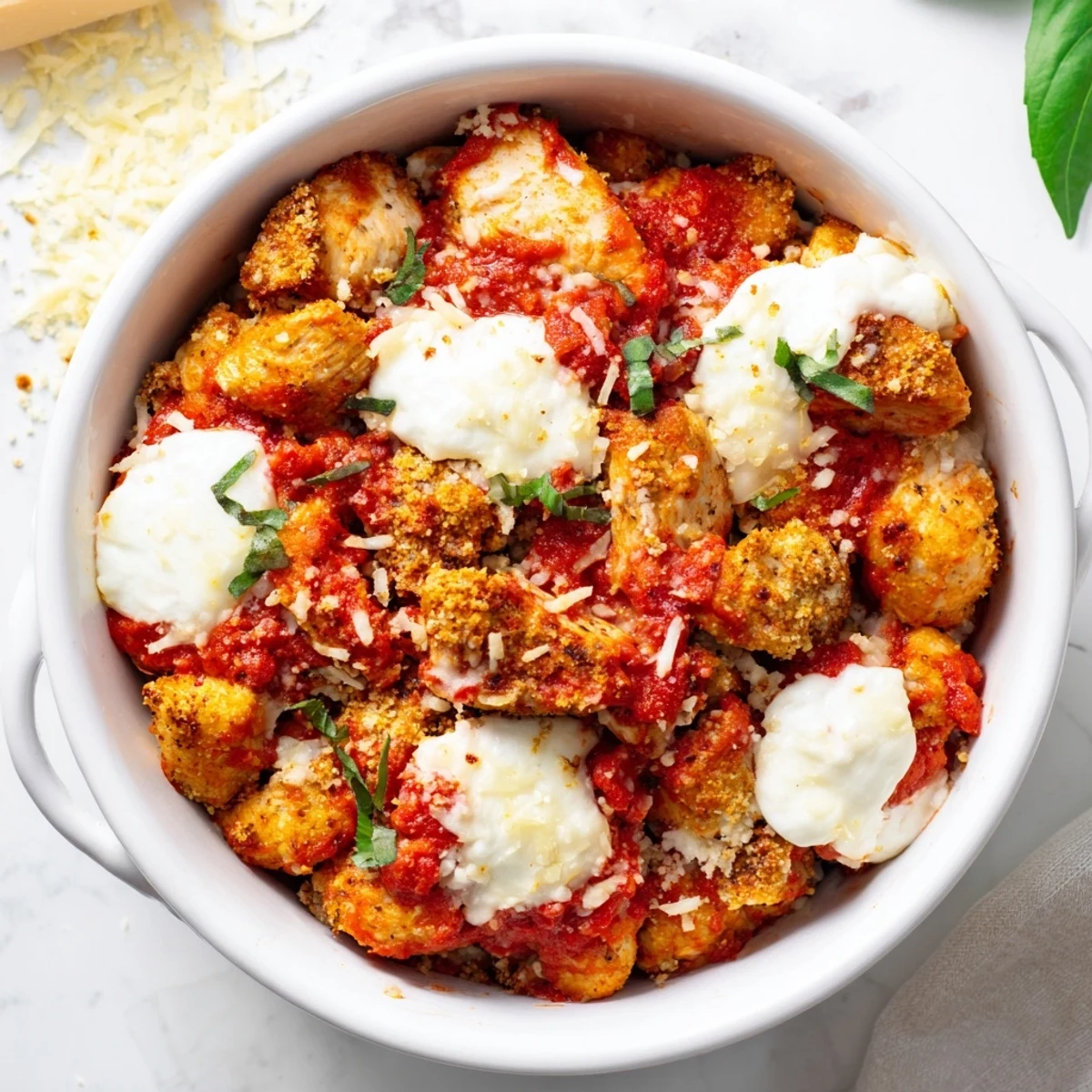 High protein chicken Parm cottage cheese bowl sprinkled with crispy breadcrumbs and fresh green basil garnish