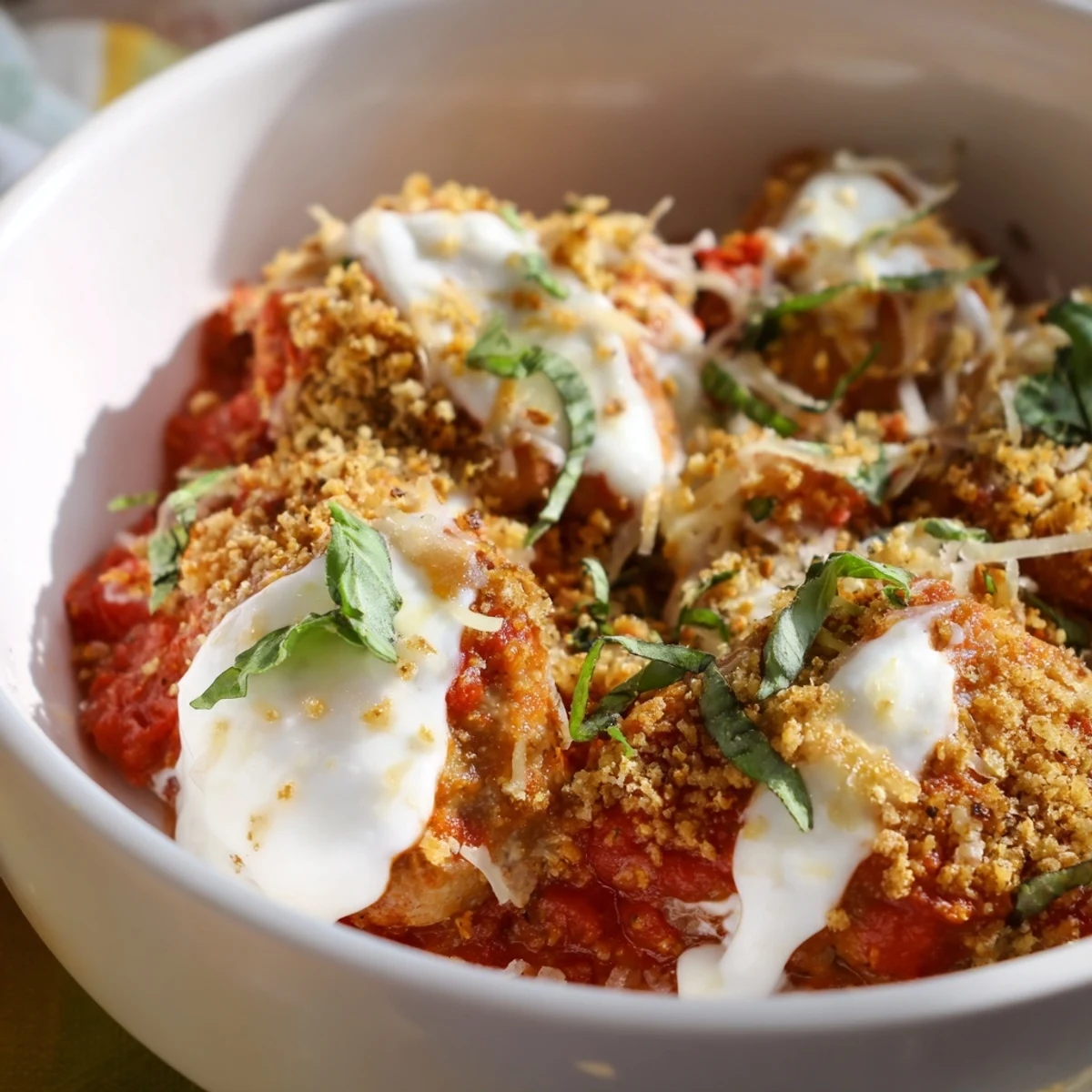 Savory oven-broiled chicken parmesan bowl bubbling with melted cheeses over a creamy cottage cheese layer