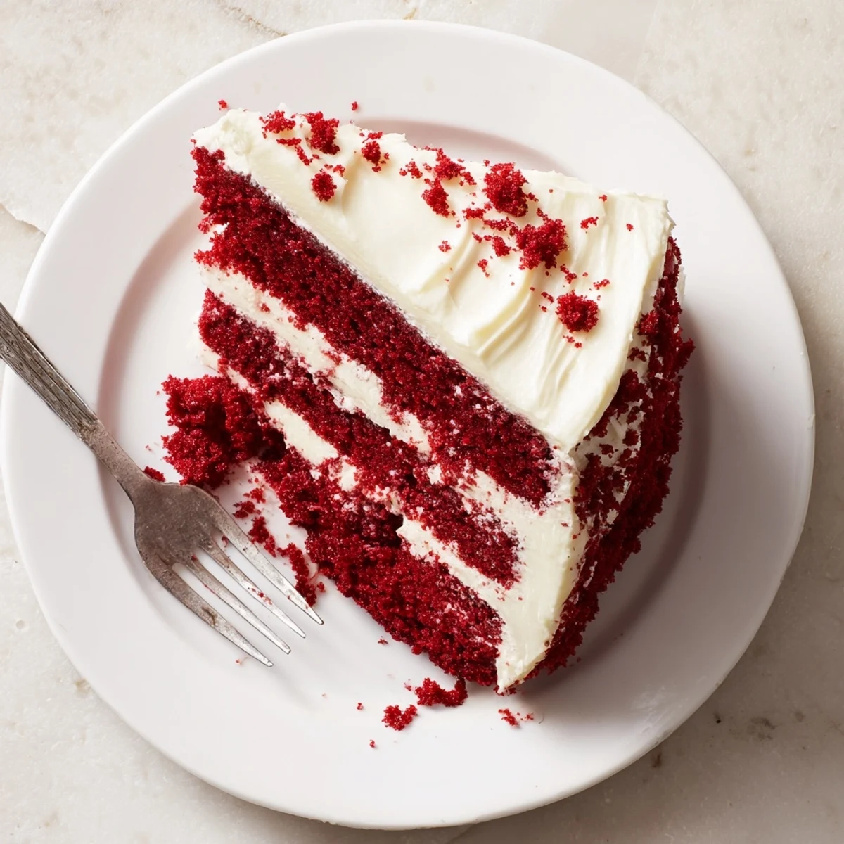 Moist red velvet cake recipe layered with creamy cream cheese frosting and topped with cake crumbs