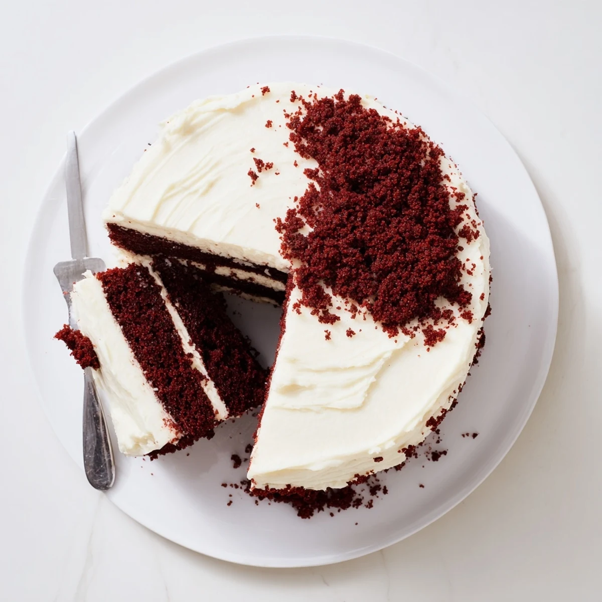 Luscious red velvet cake recipe slice showing vibrant red crumb and smooth white frosting on plate