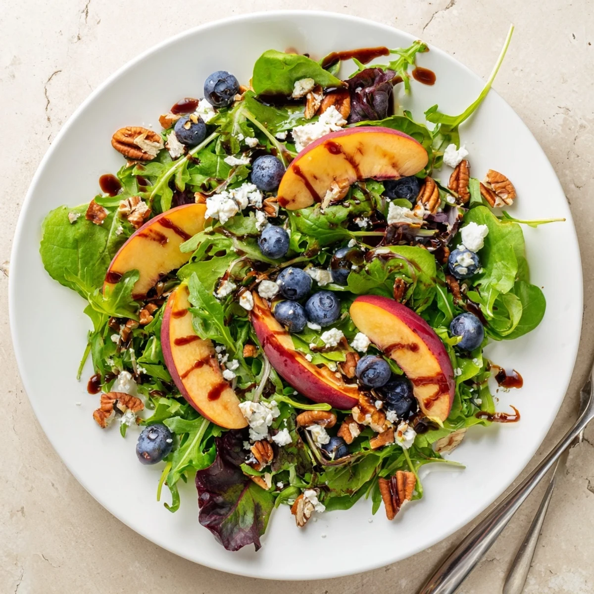 Summer blueberry peach feta salad drizzled with balsamic dressing and garnished with toasted pecans for texture