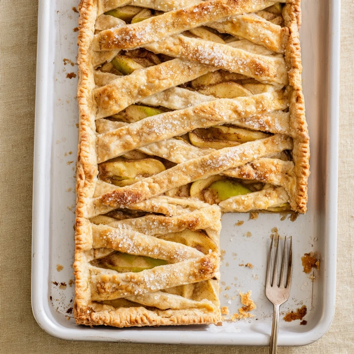Golden apple slab pie with flaky crust and spiced apple filling bubbling through steam vents