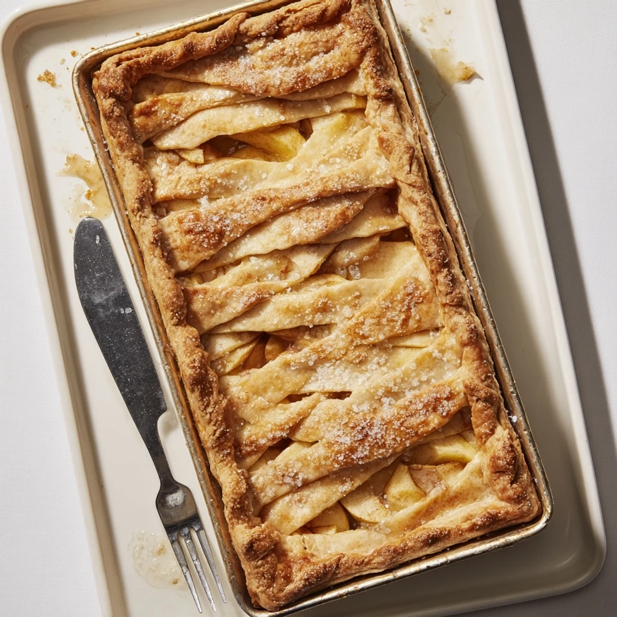 Warm apple slab pie slices revealing tender cinnamon-spiced apples between buttery layers of flaky pastry